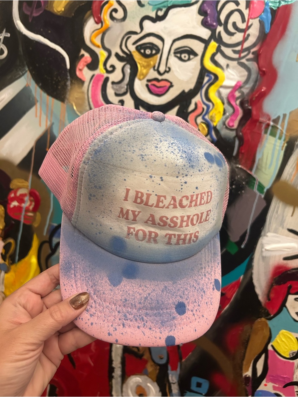 Pink & Blue Tie-Dye Trucker Hat with Bold Text - Accessories